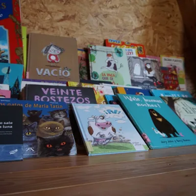 Primer plano de estante con libros ilustrados infantiles ordenados sobre madera dentro del domo; rincón de lectura de un centro en la naturaleza.