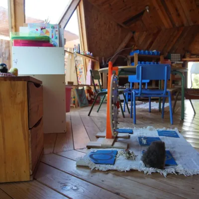 Zona de trabajo con sillas azules y mesa, alfombra con tarjetas y rueda de observación junto a ventanal triangular; aula de madera en un centro en la naturaleza.