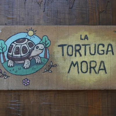 Primer plano de un cartel de madera con ilustración de una tortuga y el texto “La tortuga mora”, señal artesanal colocada sobre tabla rústica; detalle identificativo del centro en la naturaleza.