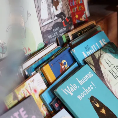 Primer plano de estantería con libros infantiles ilustrados en el rincón de lectura del centro en la naturaleza, fomentando la lectura y la calma en un espacio cálido de madera.