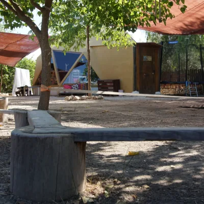 Patio sombreado con bancos de troncos, árboles y vista del domo geodésico con ventanales triangulares y cama elástica; centro en la naturaleza.